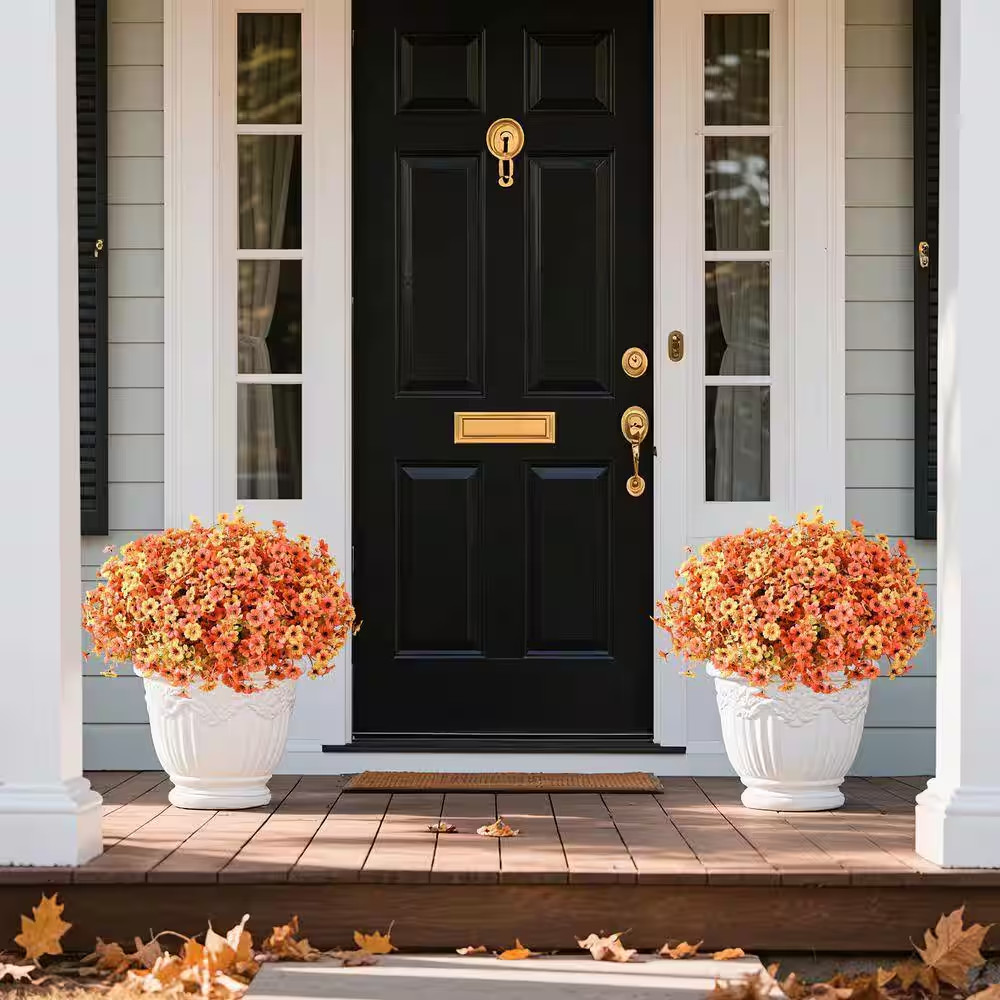 12.6 In. H Orange and Red Artificial Fall Mums Flowers with Faux Eucalyptus for