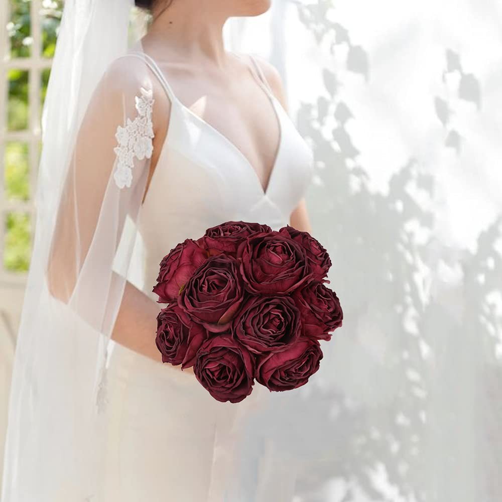 IPOPU Burgundy Artificial Flowers Roses Heads 25pcs Fake Dried for Decoration