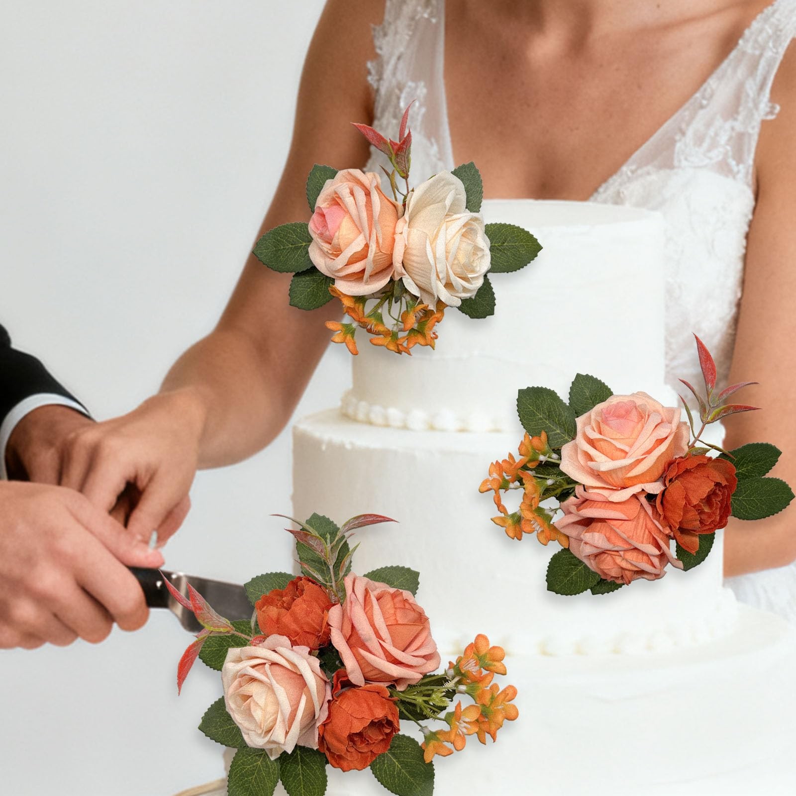 3 PCS Burnt Orange Artificial Fake Wedding Cake Toppers Flowers Decorations