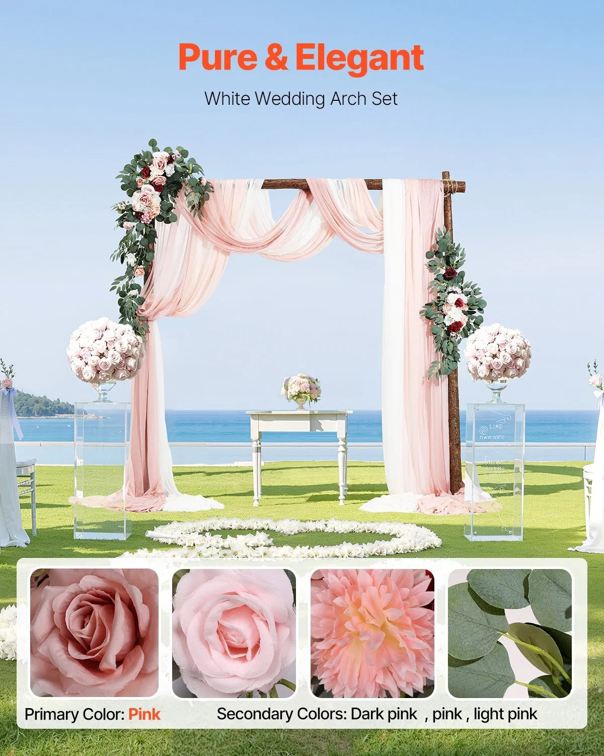 Artificial Wedding Arch Flowers Kit, Pink Wedding Arch Flowers with Drapes Kit (