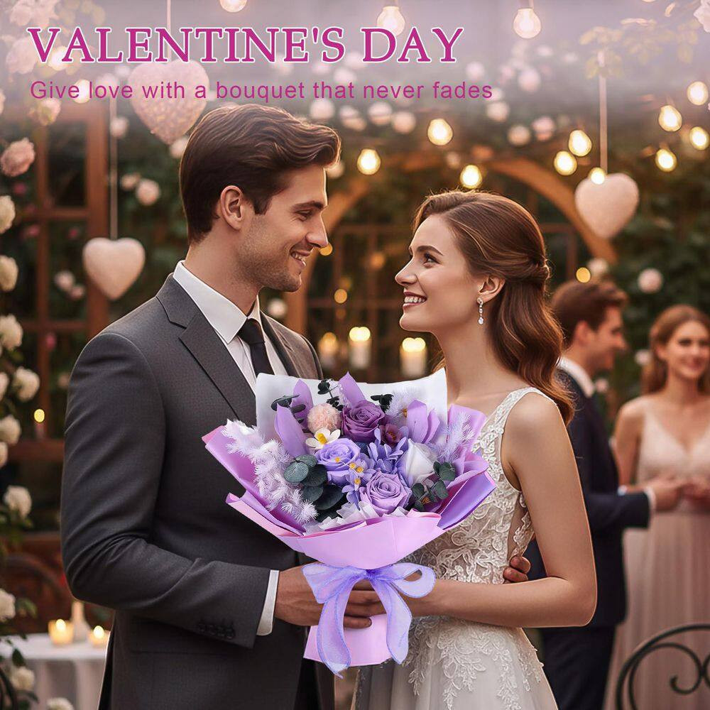 12.59 In. Purple Artificial Preserved Rose Bouquet-Includes Gift Box and Greetin