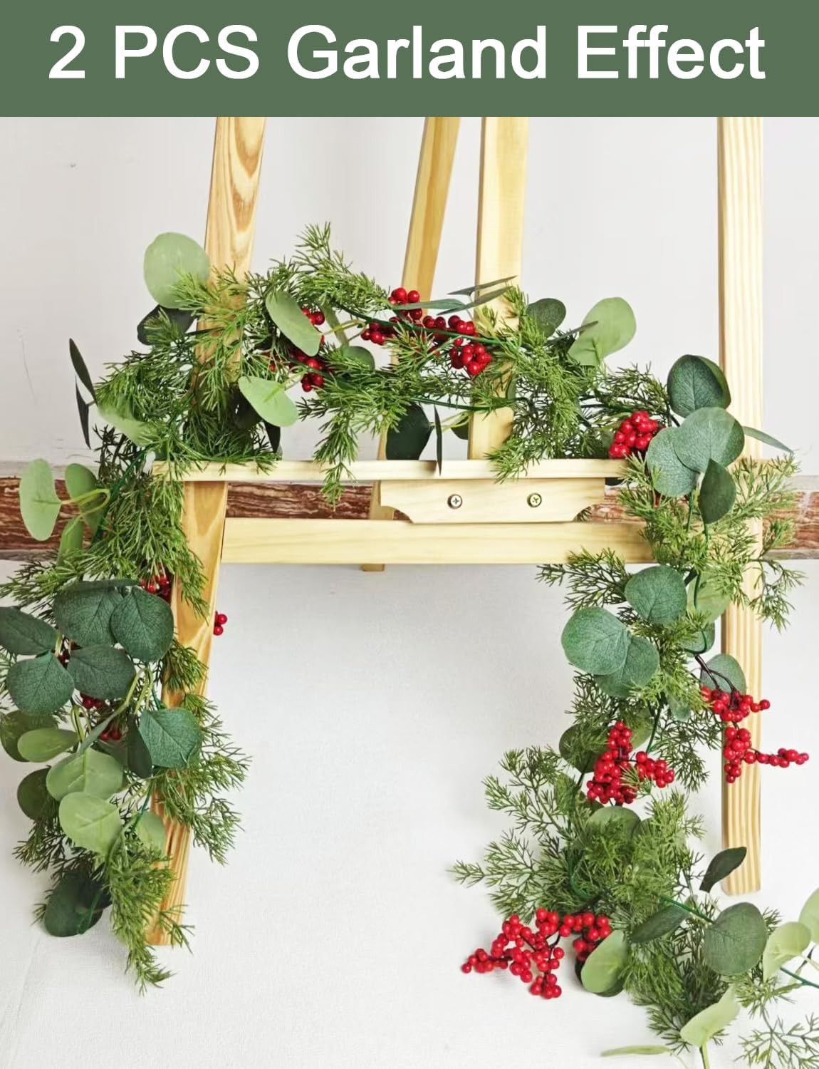 5.9 Feet Eucalyptus Leaves Red Berry Norfolk Pine Christmas Greenery Garland