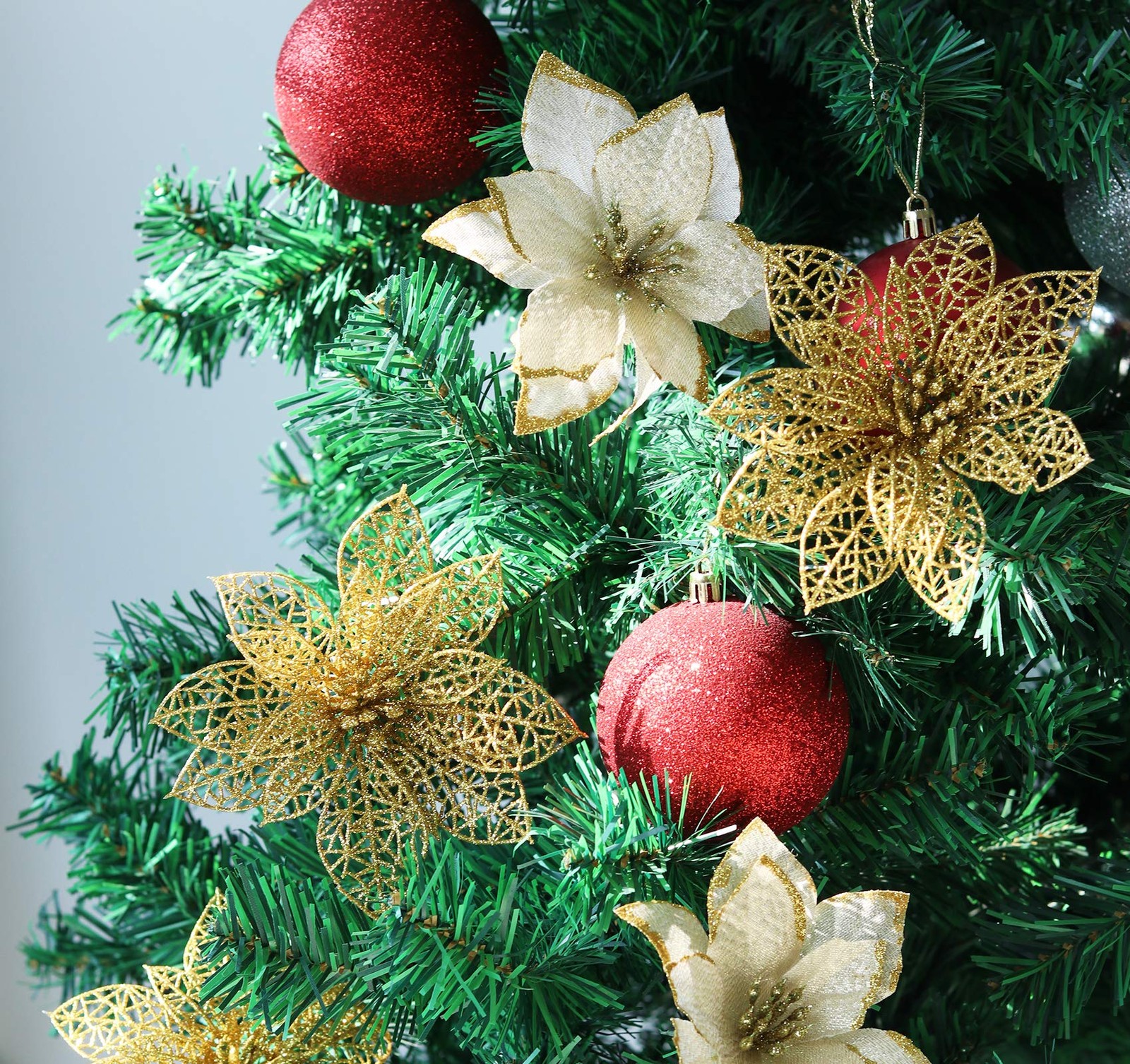 24 PCS Gold Poinsettias 6 Inch Glitter Artificial Christmas Flowers 30 Clips