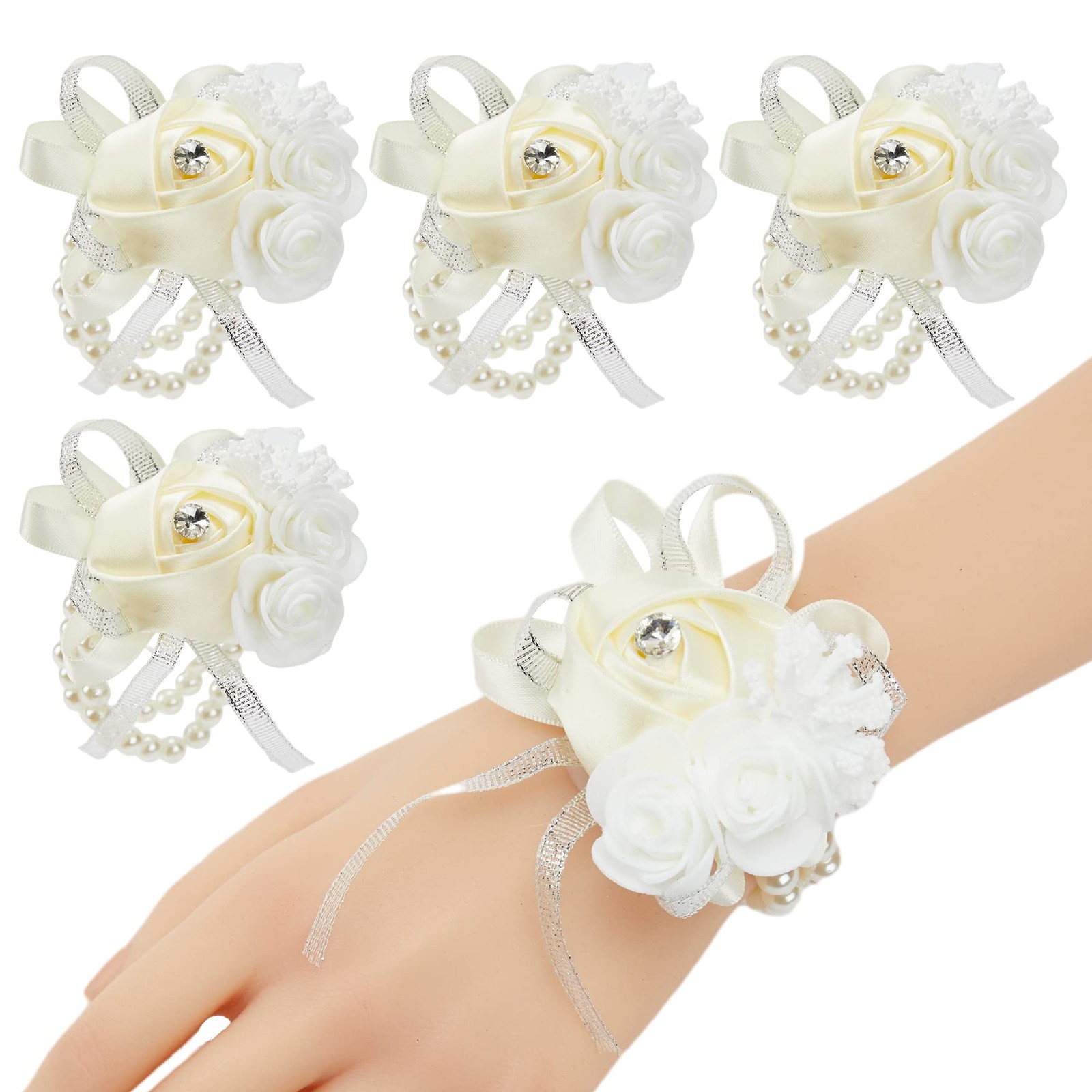 4 PCS Beige White Wrist Corsages Artificial Silk Rose Pearl Bridal Bridesmaid