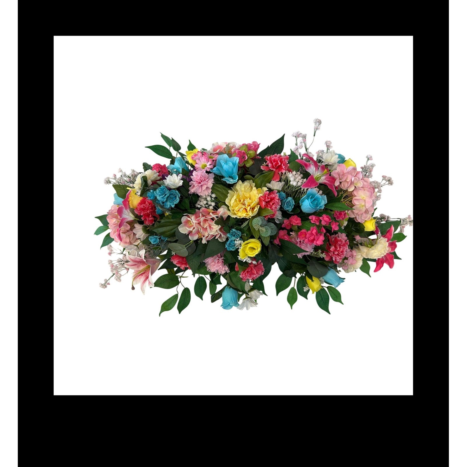 Multi Color Floral Saddle Cemetery Headstone Spray Faux Lilies Roses 34 Inch