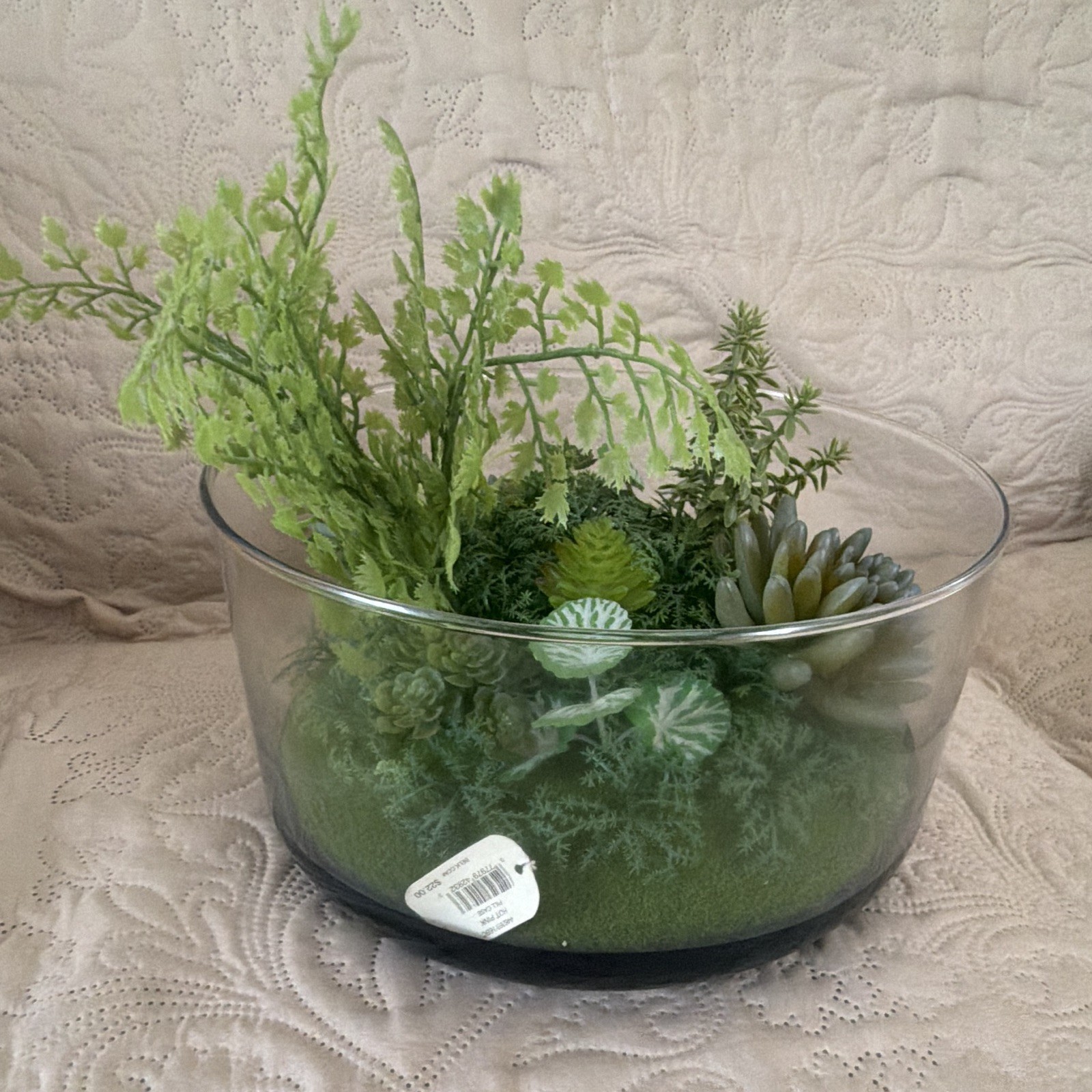 Artificial Succulent & Fern Centerpiece Arrangement in Clear Glass Bowl, Green