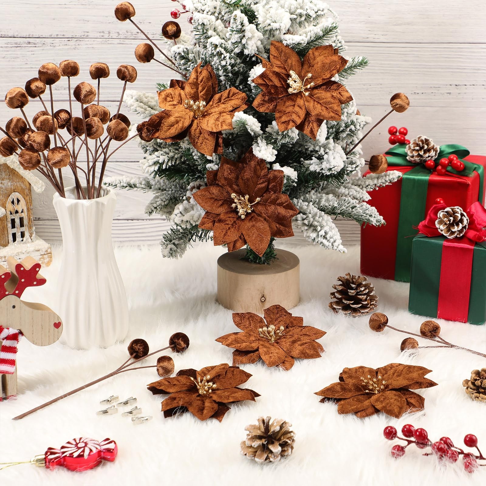 18 Pcs Velvet Christmas Tree Ornament Set Artificial Christmas Poinsettia Flo…