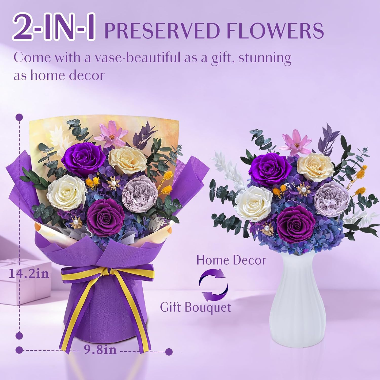 Yastouay 5 Pcs Glitter Purple Preserved Roses Flowers Bouquet, Forever Rose Flow