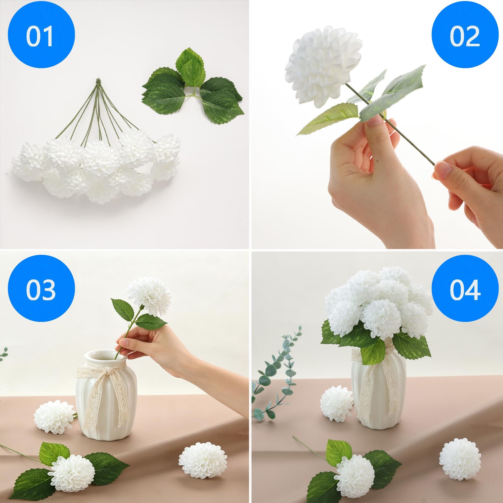 Artificial White Flowers, 12 PC White Artificial Dahlias Flower, Fake Dahlia …