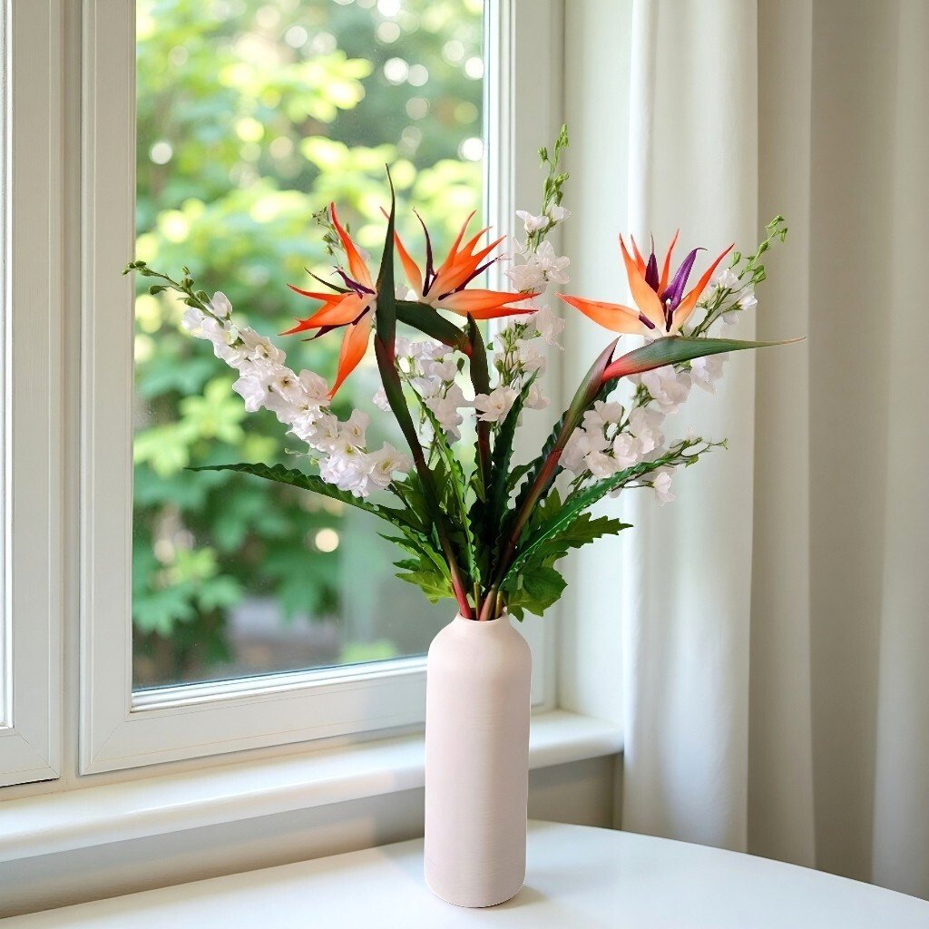 12-Stem Artificial Flower Set ?Bird of Paradise,Bird?s Nest Fern and Delphinium