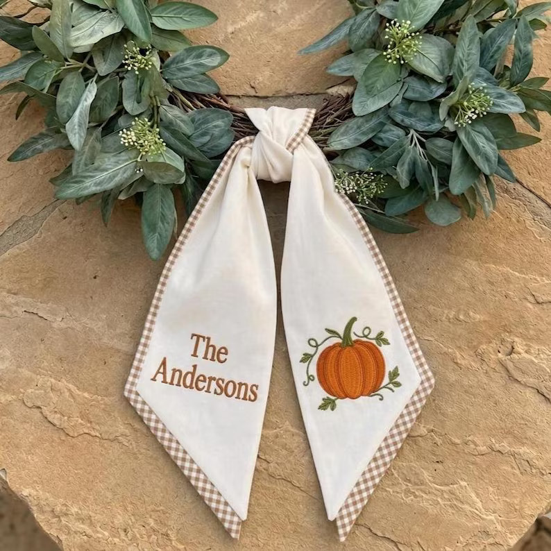 Custom Embroidered Monogrammed Thanksgiving Fall Pumpkin Wreath Sash Decor