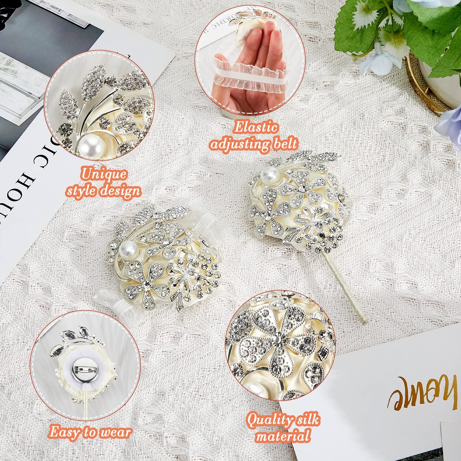 2 Pcs Rhinestone Wrist Corsage and Boutonniere Set – Artificial Flower Corsag…