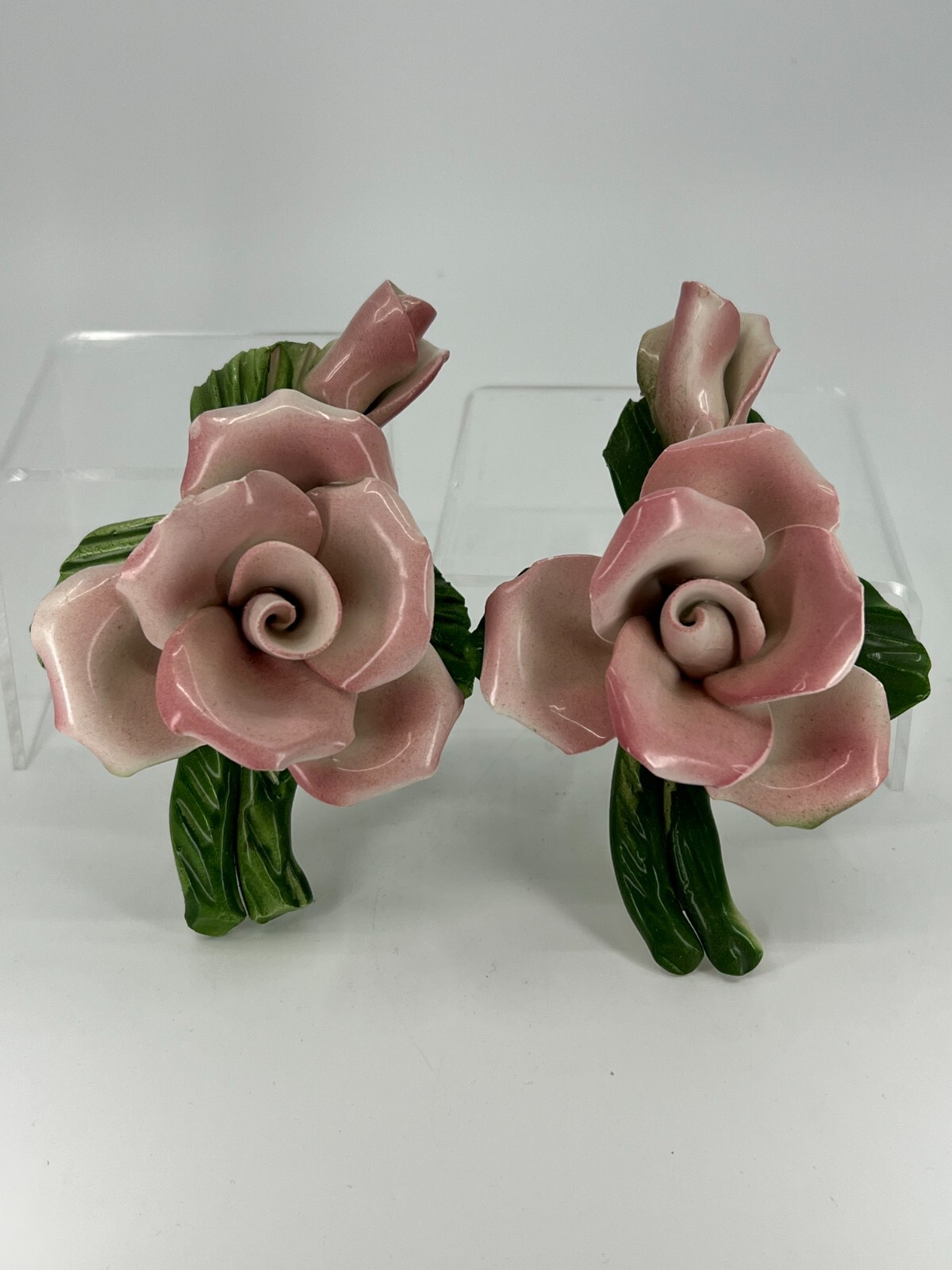 Vintage Pair of Italian Porcelain Rose Floral Flowers Napoleon Capodimonte Style
