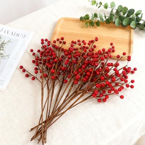 pcs13.5″ Red Holly Berry Stems for Christmas Tree, Faux Greenery Picks and 12