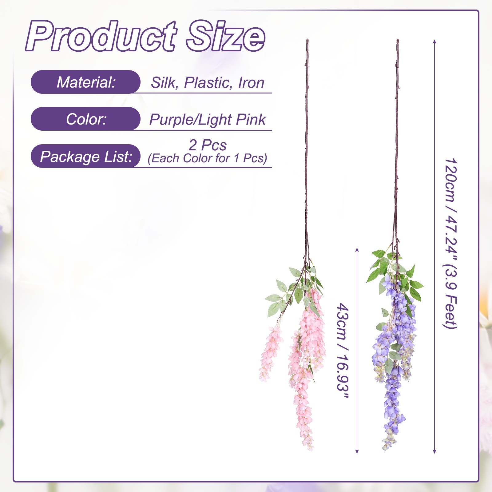 2Pcs Artificial Wisteria Hanging Flower 3.9ft Fake Hang Floral Purple/Light Pink