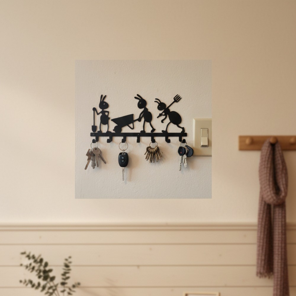 Ant Themed 7-Hook Metal Key Holder Wall Mount Organizer for Kitchen Office