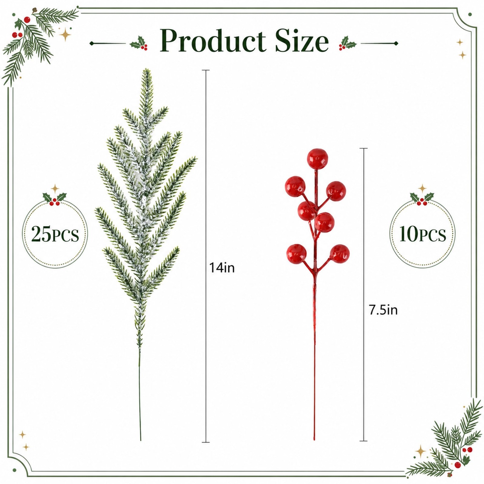35 Pcs Christmas Snow Norfolk Pine Branches with Red Berry Stems