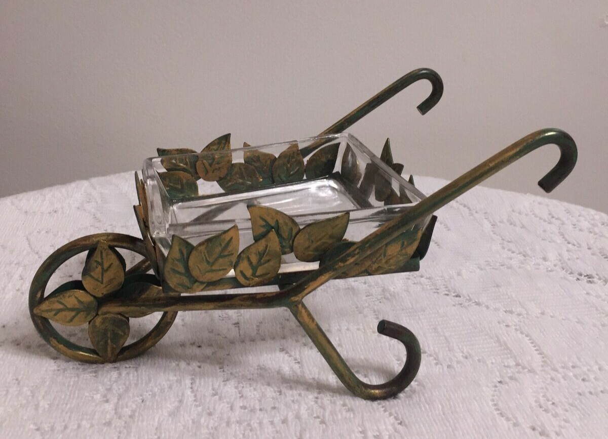 METAL WHEELBARROW WITH GREEN IVY -FOREST GREEN -PLANTER HOME DECOR’
