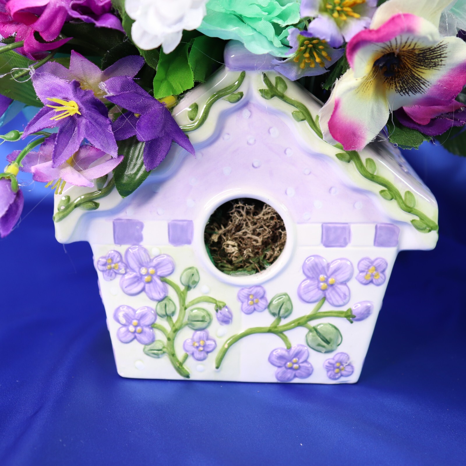 Cute Ceramic Birdhouse Flower Arrangement Purple Fuchsia Green White Blue