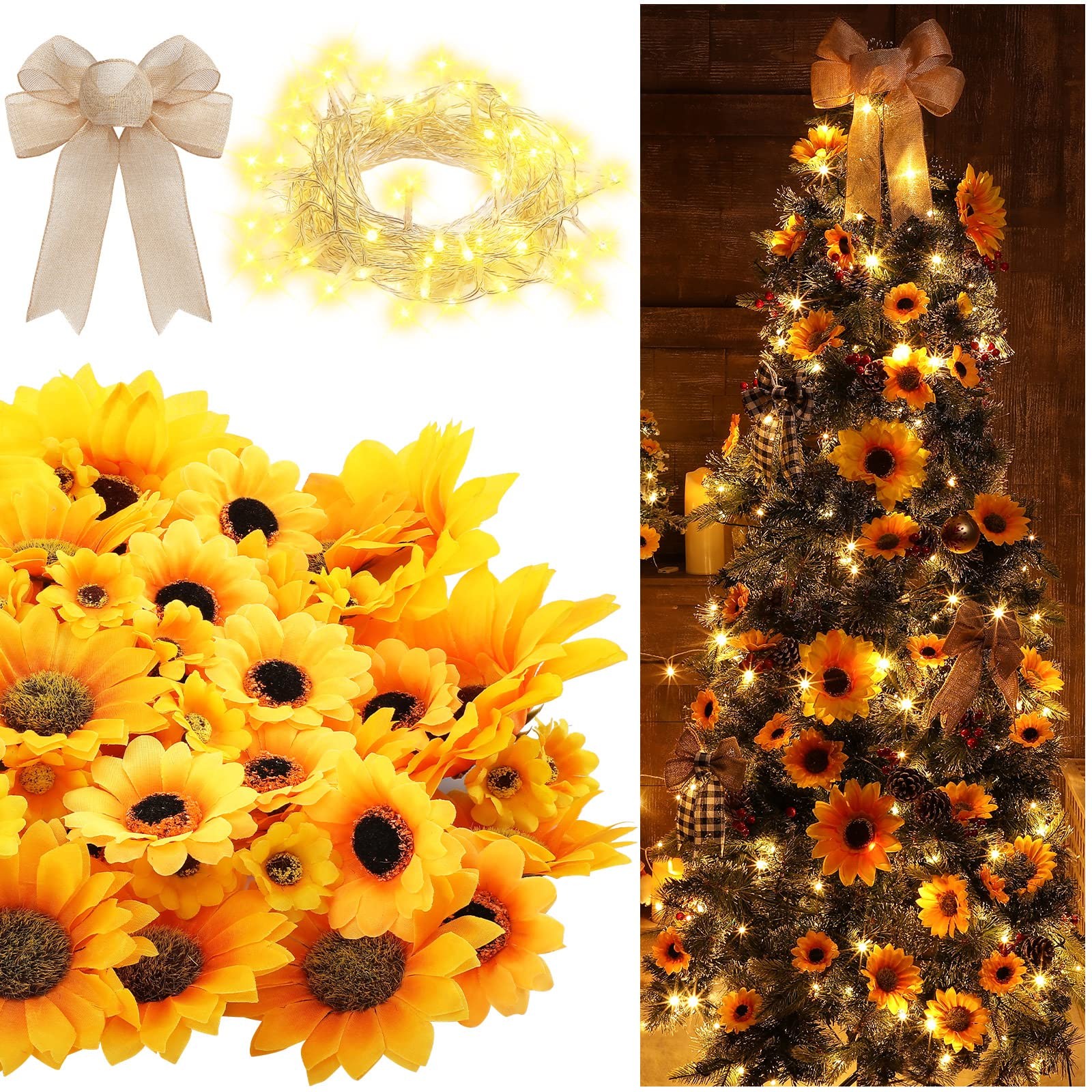 Jetec 60 Pieces Artificial Sunflower Heads with 80 LEDs String Light and Bow,…