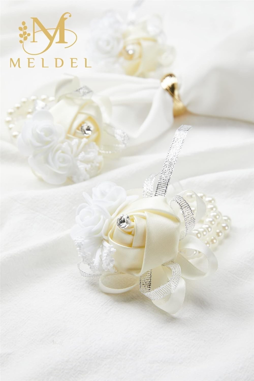 4 PCS Beige White Wrist Corsages Artificial Silk Rose Pearl Bridal Bridesmaid