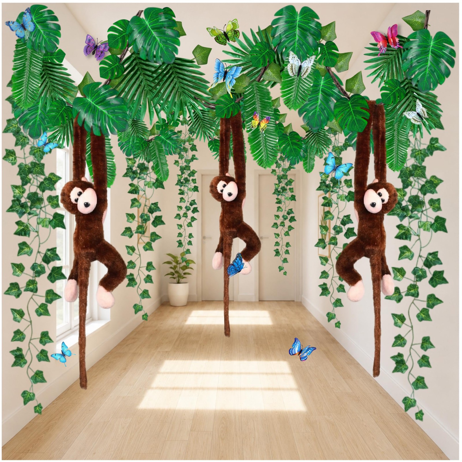 105PCS Rainforest Decorations Kit with Hanging Monkeys