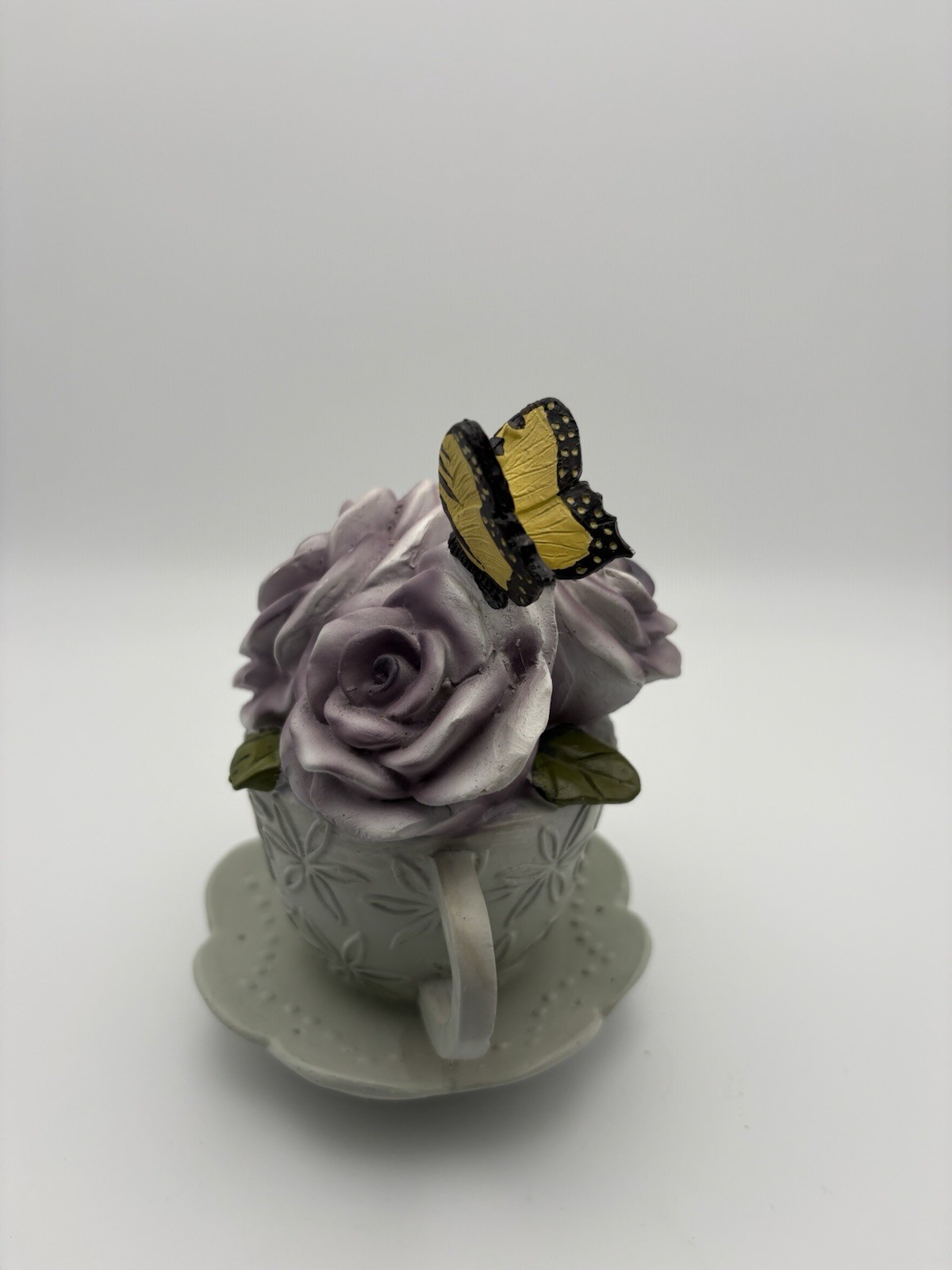 Ganz Flower Teacup Figurine – Yellow Butterfly Purple Flower Decor Spring Summer