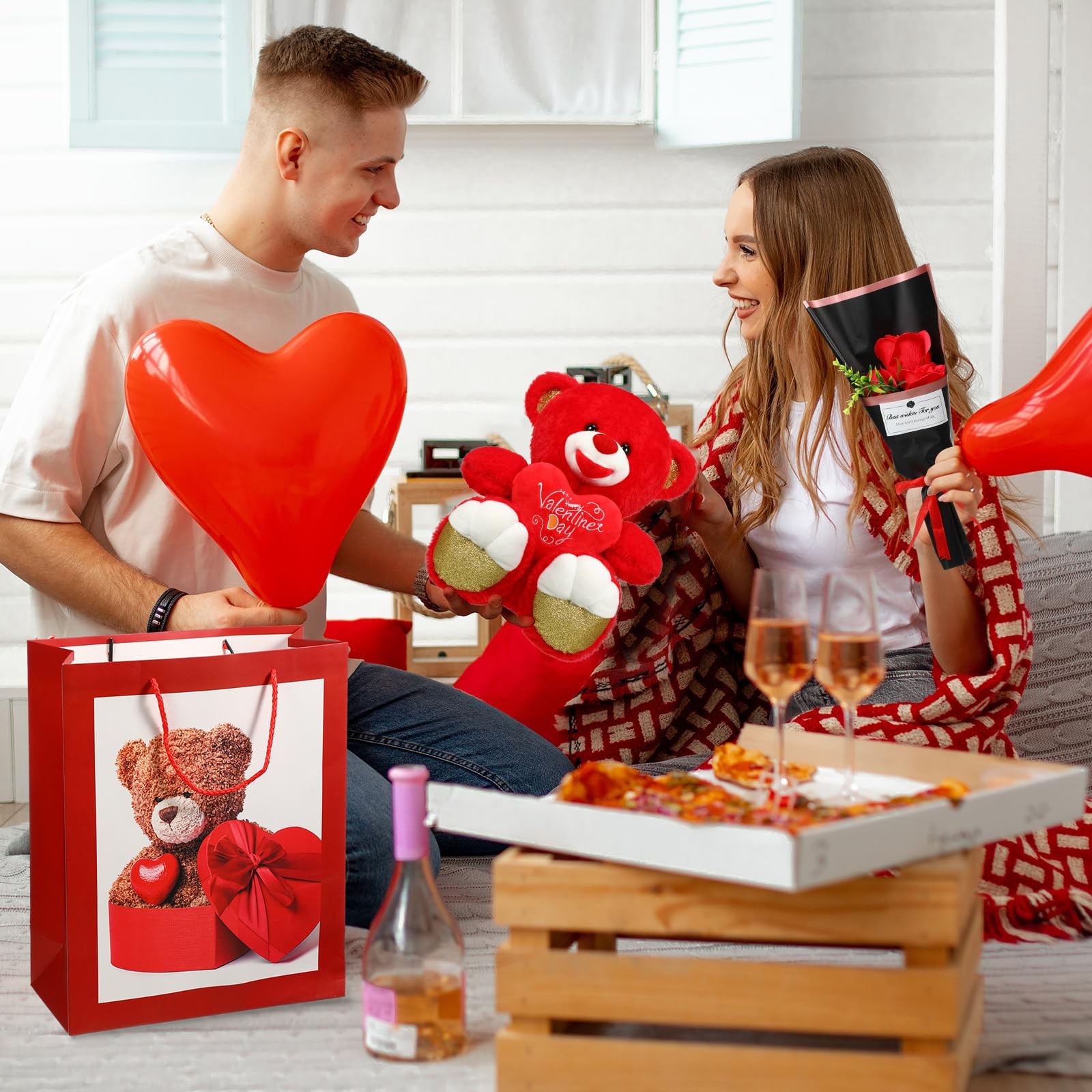 4 Pcs Valentine’s Day Bear Gifts Set Include 12 Inch Heart Bear Artificial Ro…