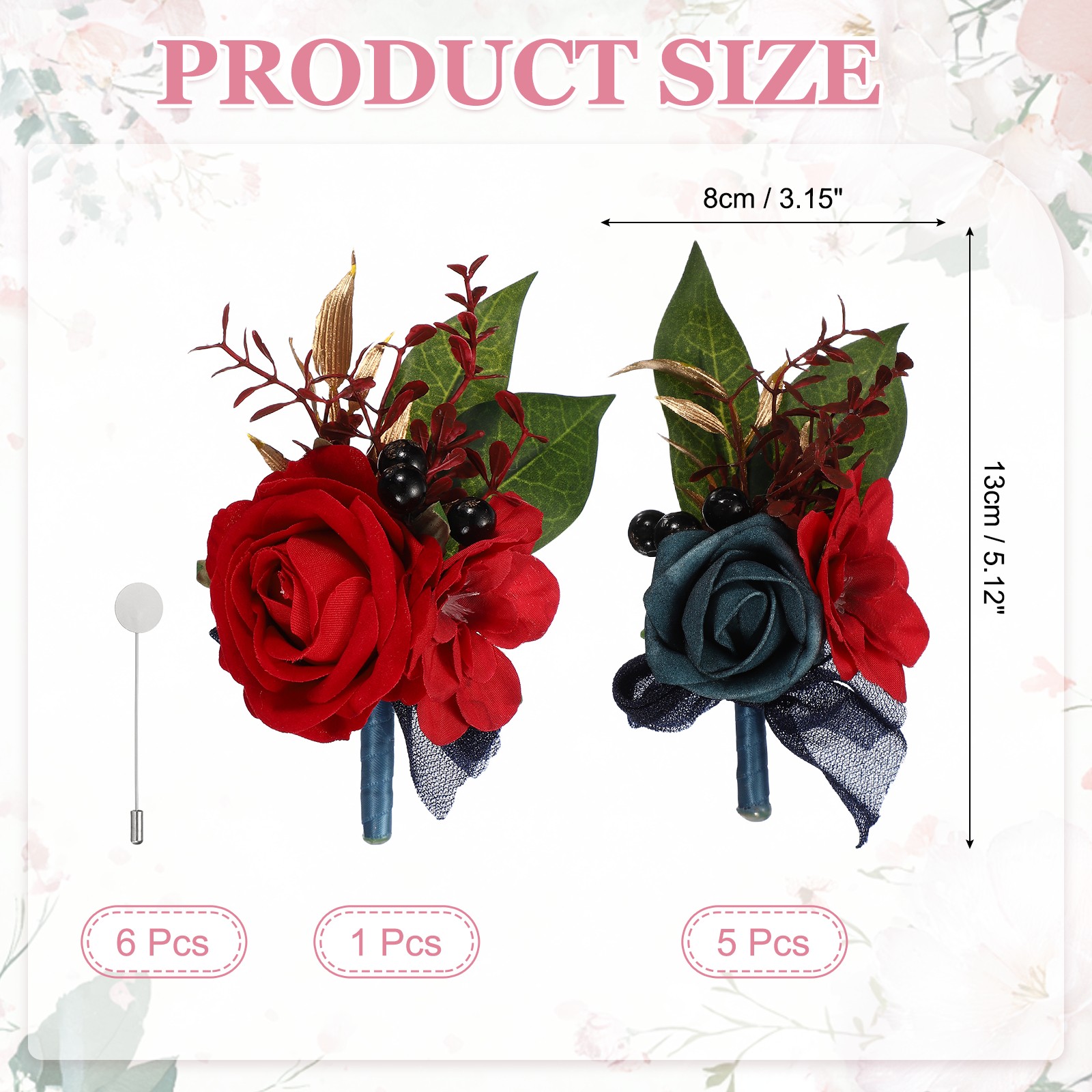 Mens Boutonnieres for Weddings, 6 Pcs Rose Boutonnieres, Navy Blue/Burgundy