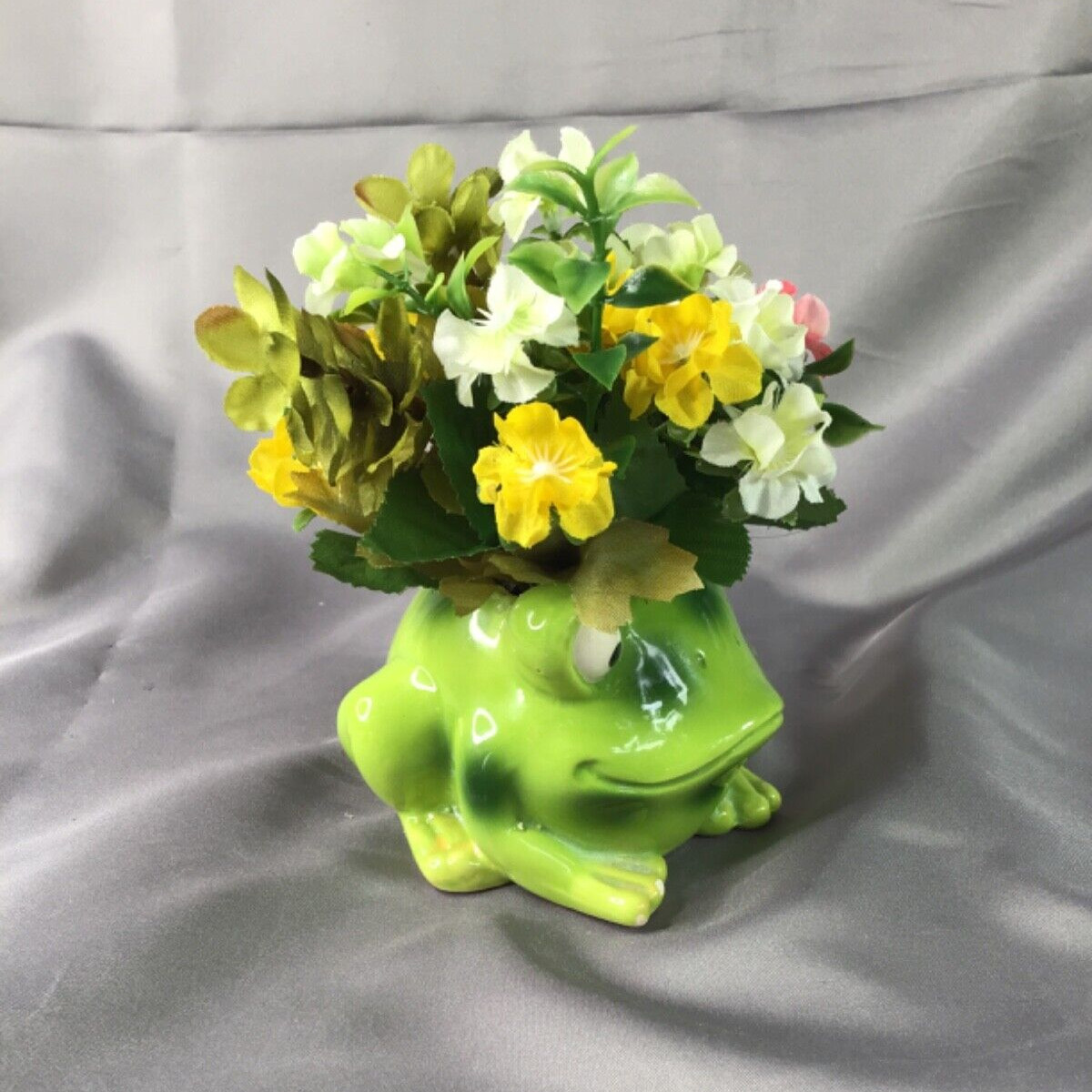 Precious Small Green Ceramic Frog Loaded with Pink Yellow & White Flowers