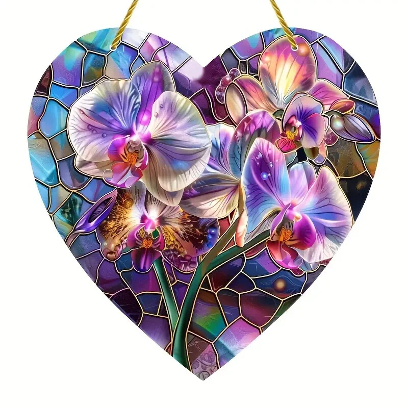 2 dimensional heart shaped orchid stained glass look acrylic indoor/outdoor