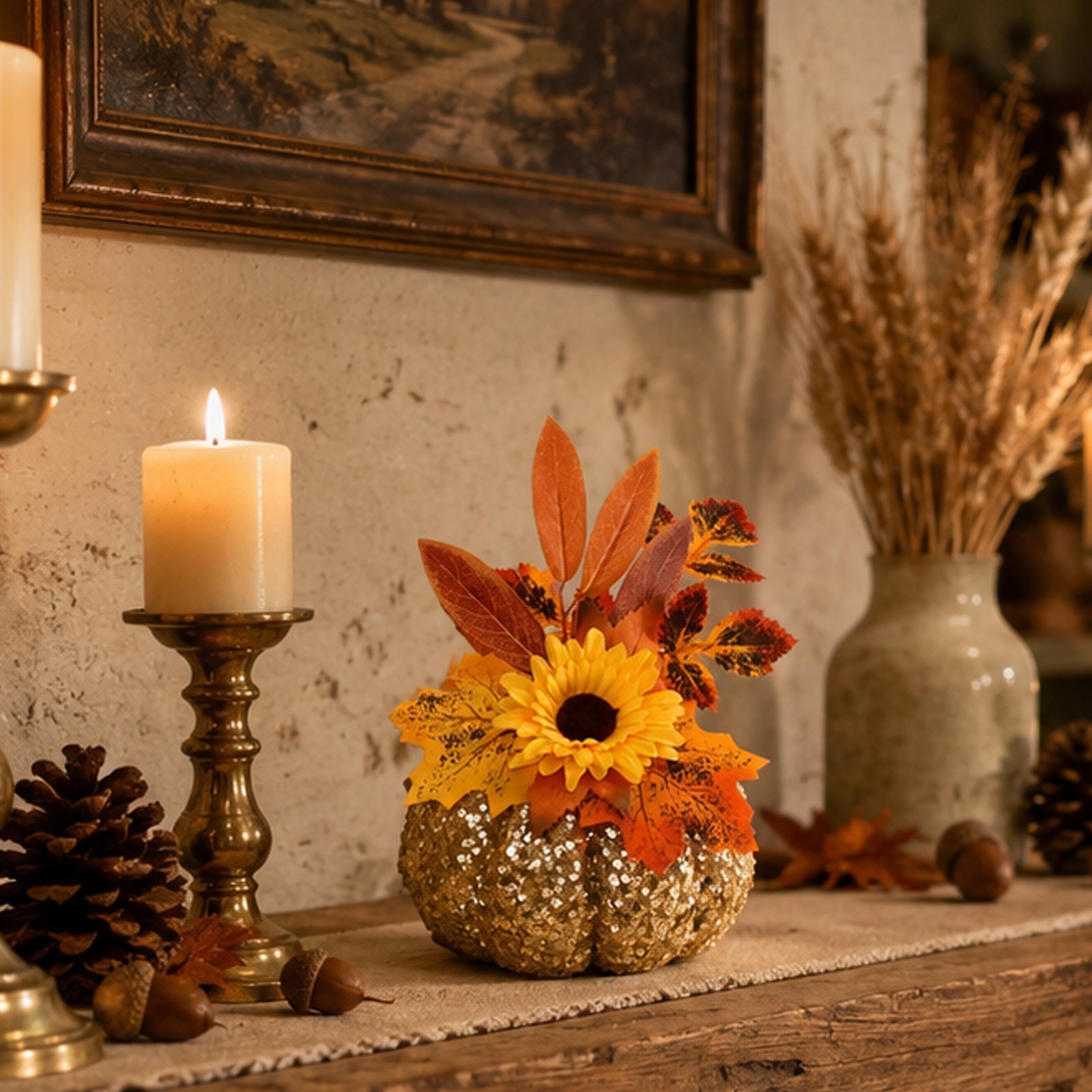 Table Centerpiece: Glitter Pumpkin with Silk Dahlias and Printed Leaves
