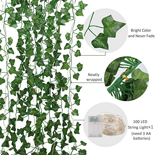 RECUTMS Fake Ivy Vines 12 Pack 86 FT with 100 LED String Light Green-12 Light