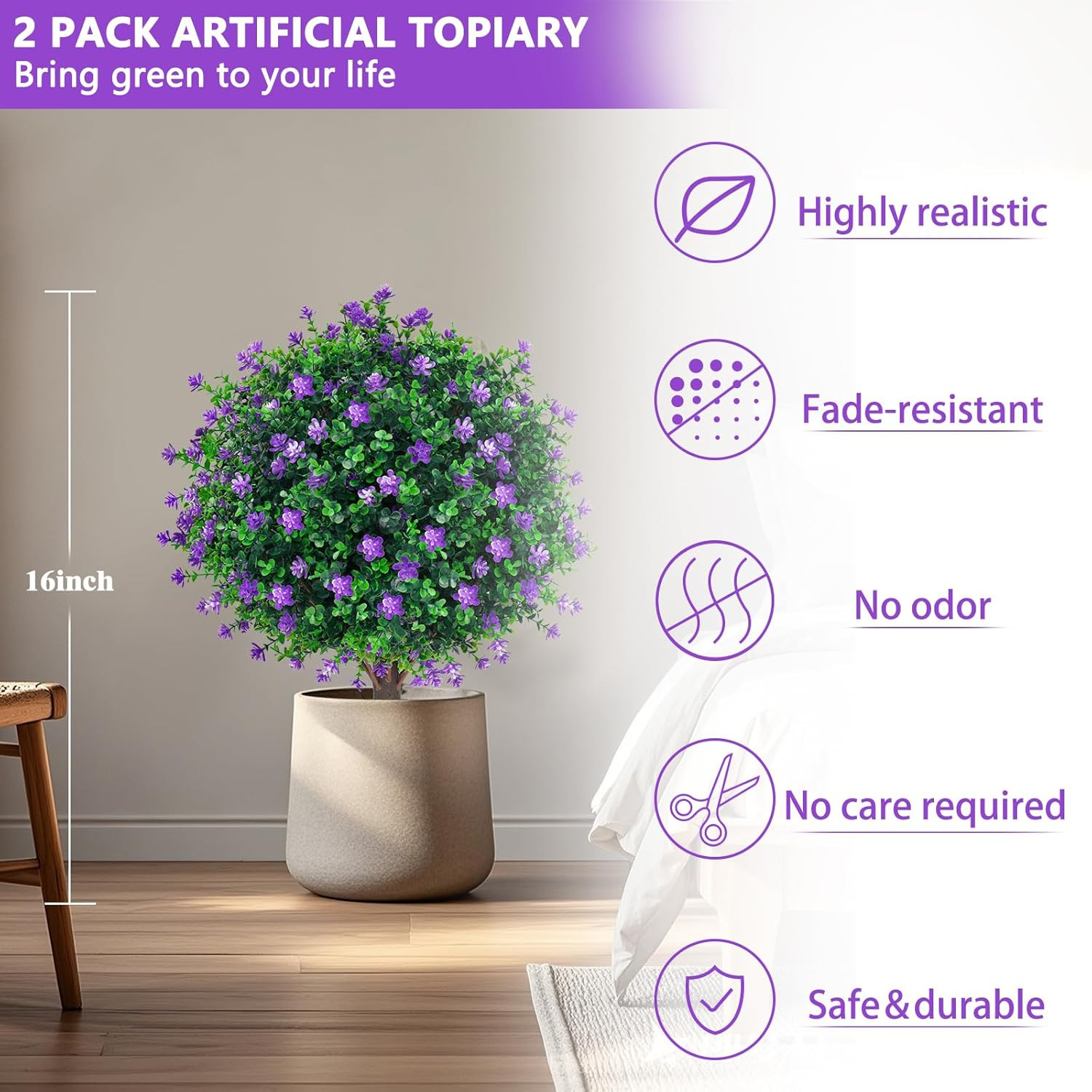 UV Resistant Artificial Purple Flower Topiary Ball Trees – 2 Pack, 16