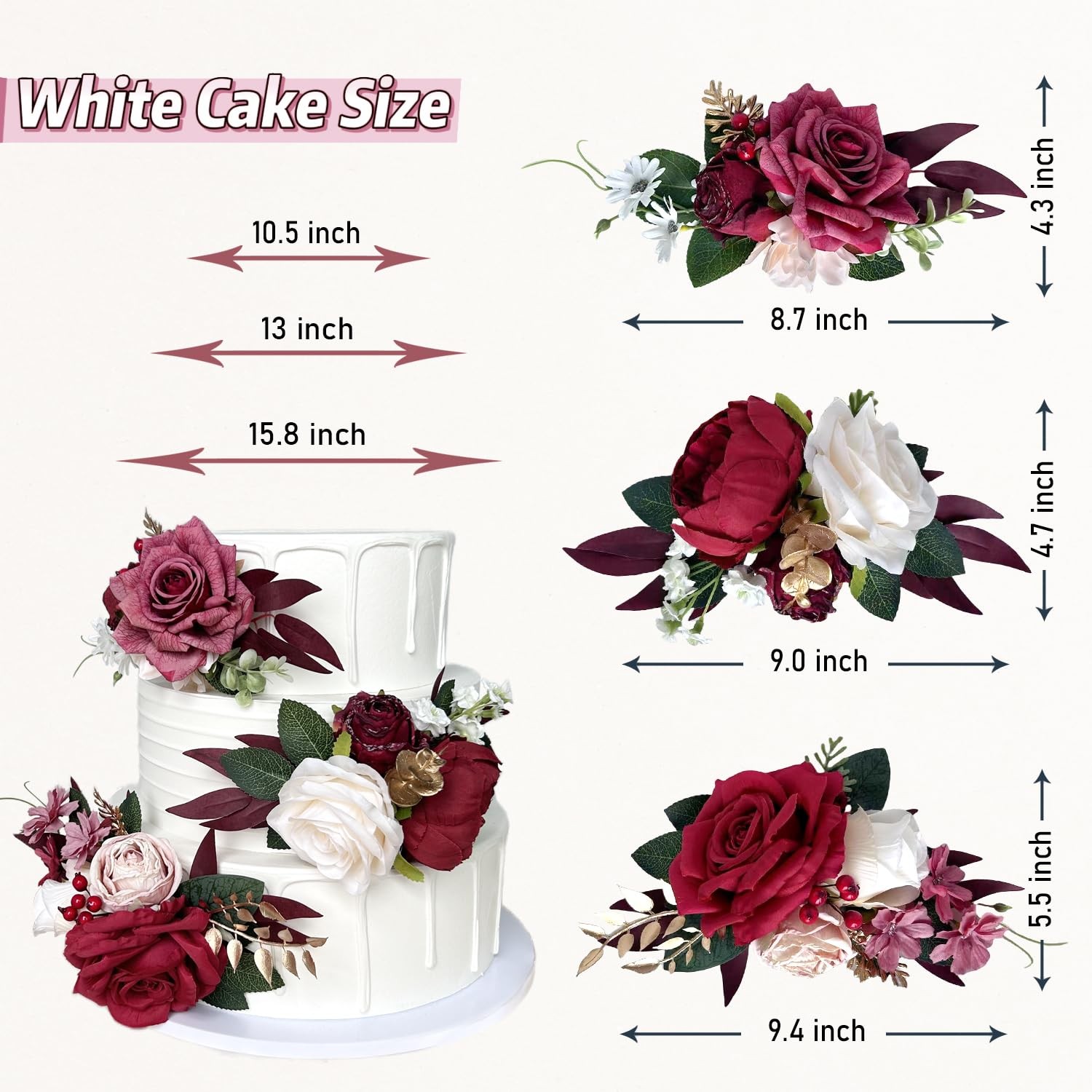 Burgundy Gold Silk Flowers For Cakes Dark Red Artificial Rose Peony Toppers