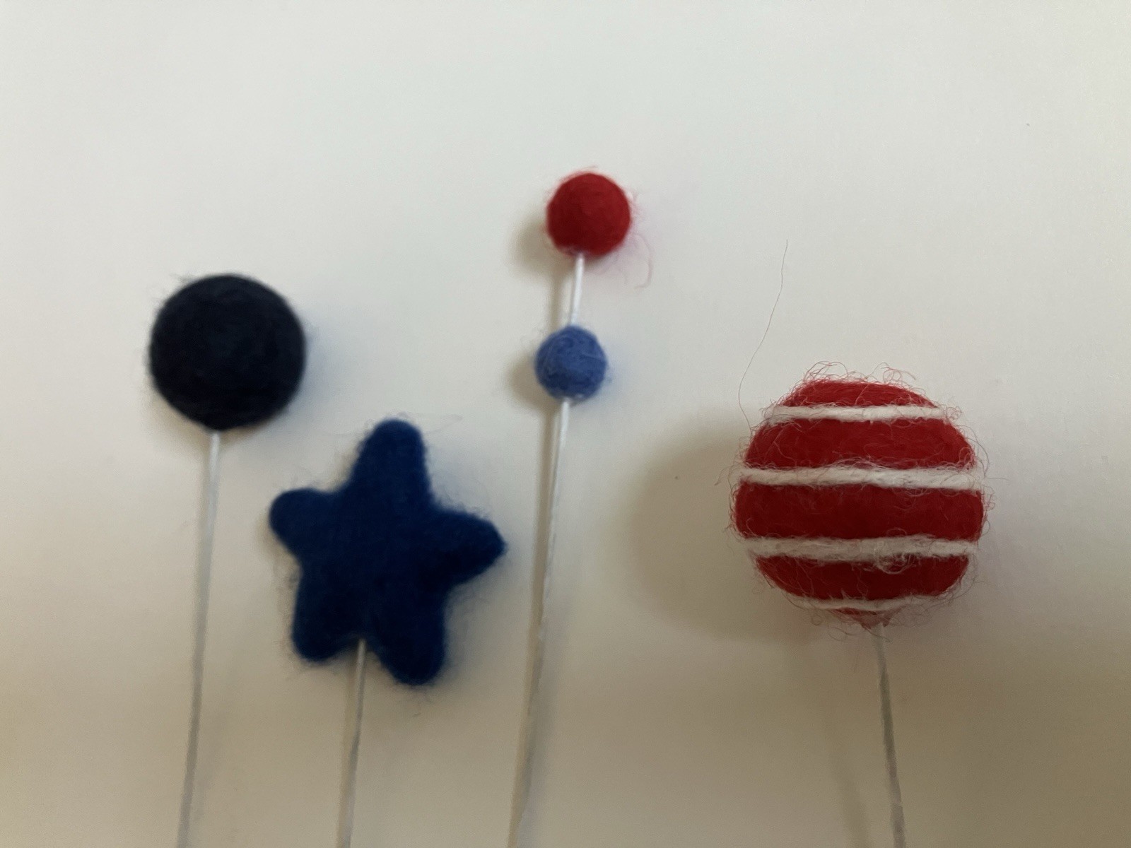 Set of 4 Felted Heart Ball Bouquet. Patriotic. Red White And Blue