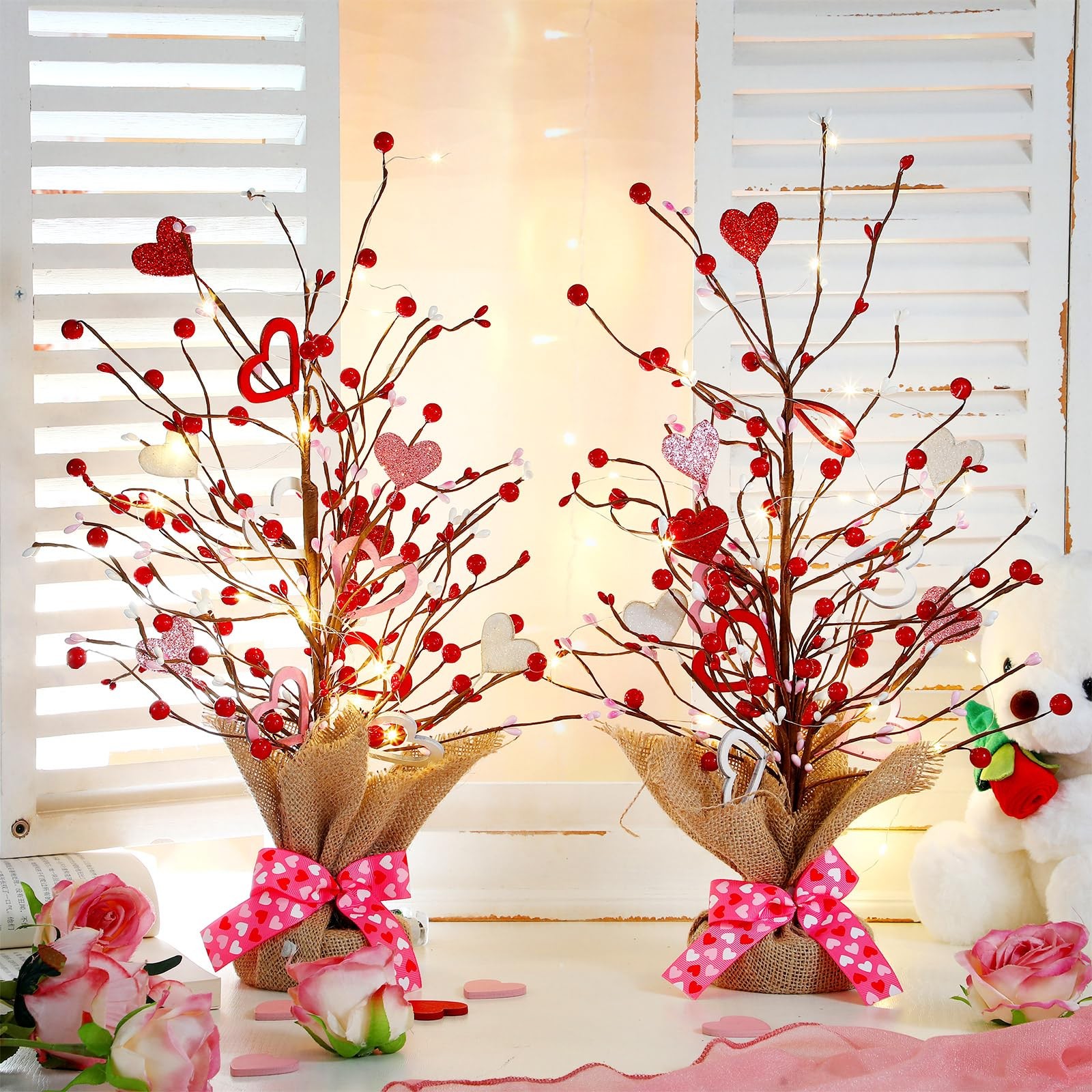 2 PCS Prelit Lighted Valentines Day Tree 21 Inch Tabletop Heart Ornament