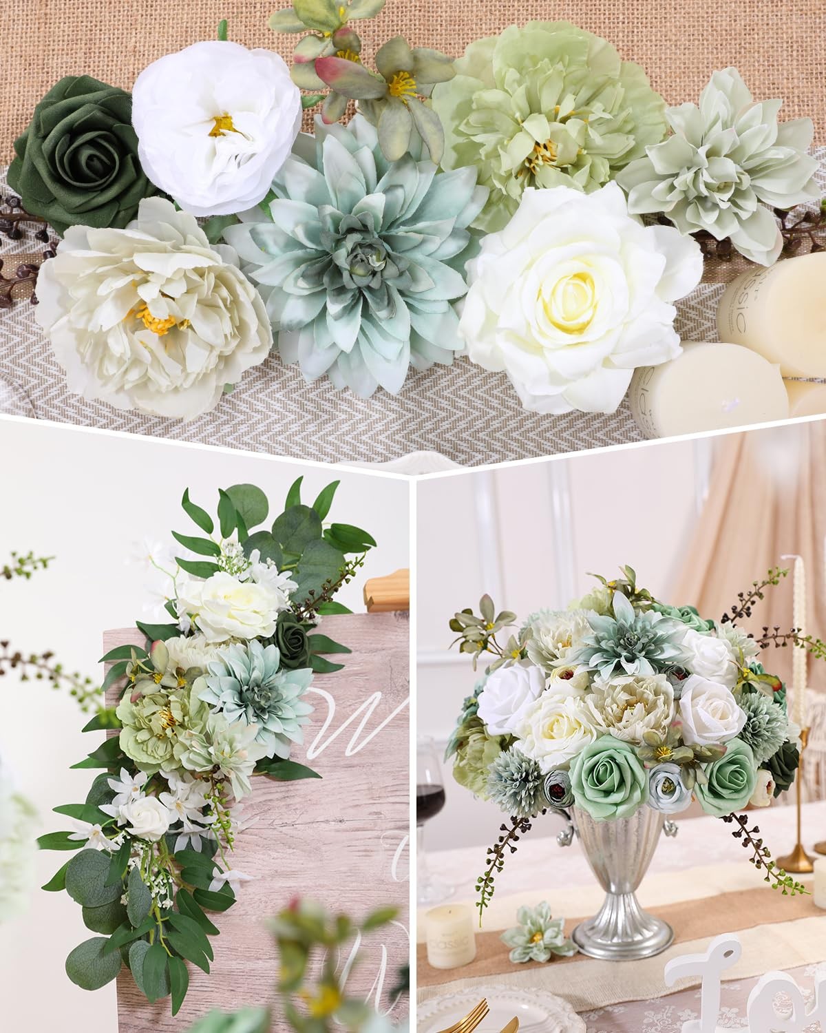 Artificial Flowers Combo Set, Green Silk Roses, Peonies, Dahlias with Stems f…