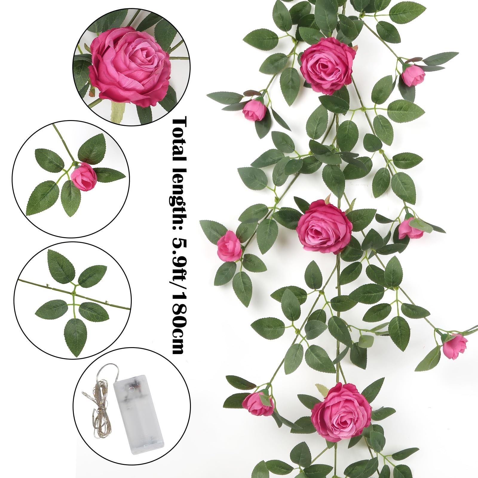 6FT Bendable Flower Garland with String Lights, Artificial Rose Garland Silk …