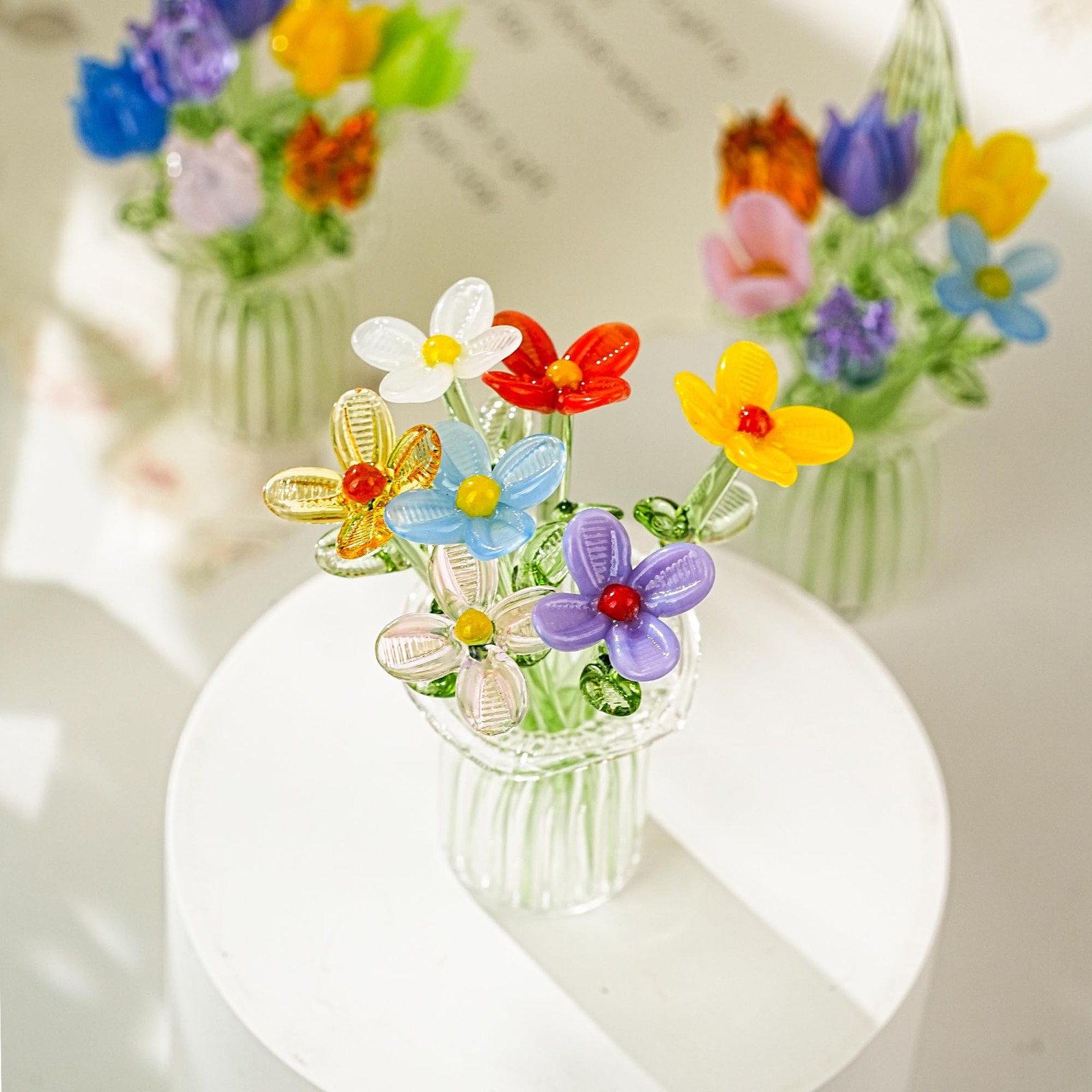 7 Pcs Blown Glass Flower Bouquet with Vase Mini Crystal Artificial Flowers fo…