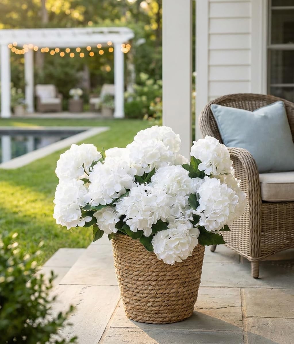 Hydrangea Artificial Flower for Outdoor, 4 Bundles Fake Hydrangea Bush Plant …