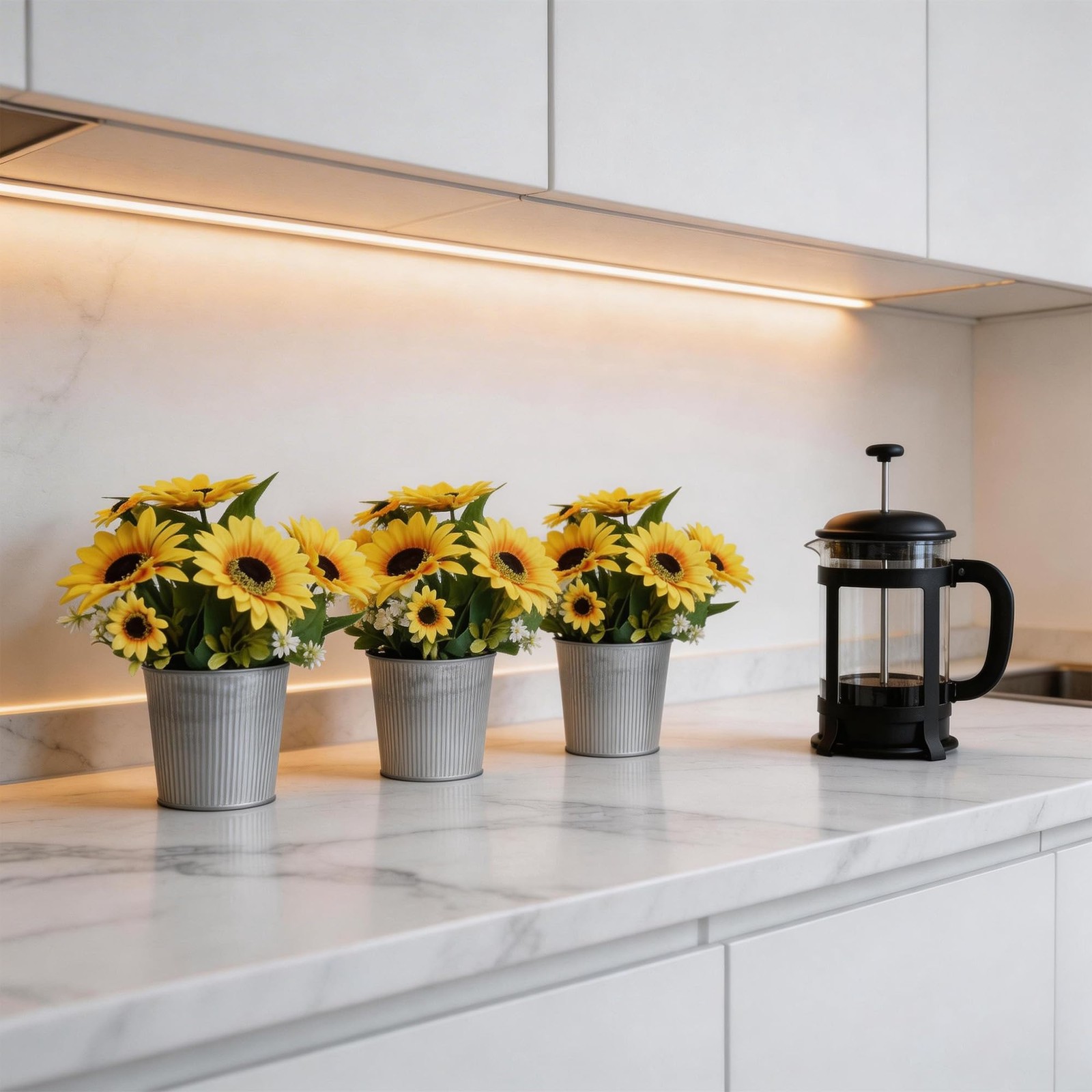 3 Pack Artificial Sunflowers in Galvanized Metal Pots, Faux Flower Arrangemen…