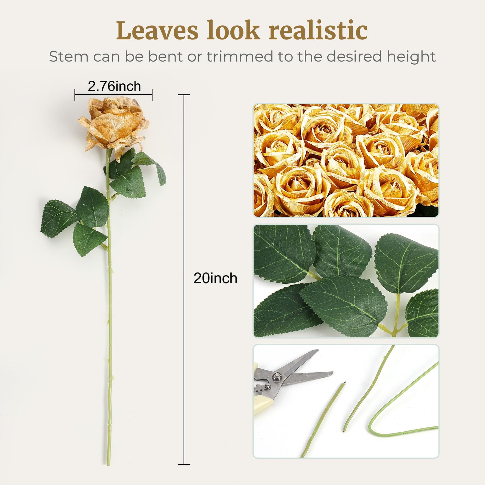 60 PCS Gold Rose Artificial Flowers Faux Silk Realistic Bouquet Wedding Decor