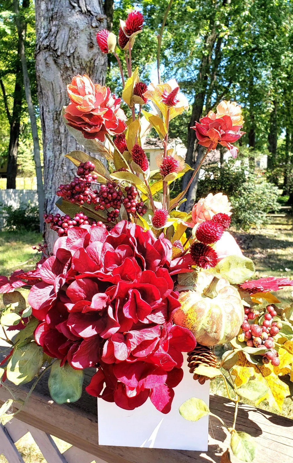 Fall Floral Arrangement, Burgundy Red Hydrangea Pumpkin Decor