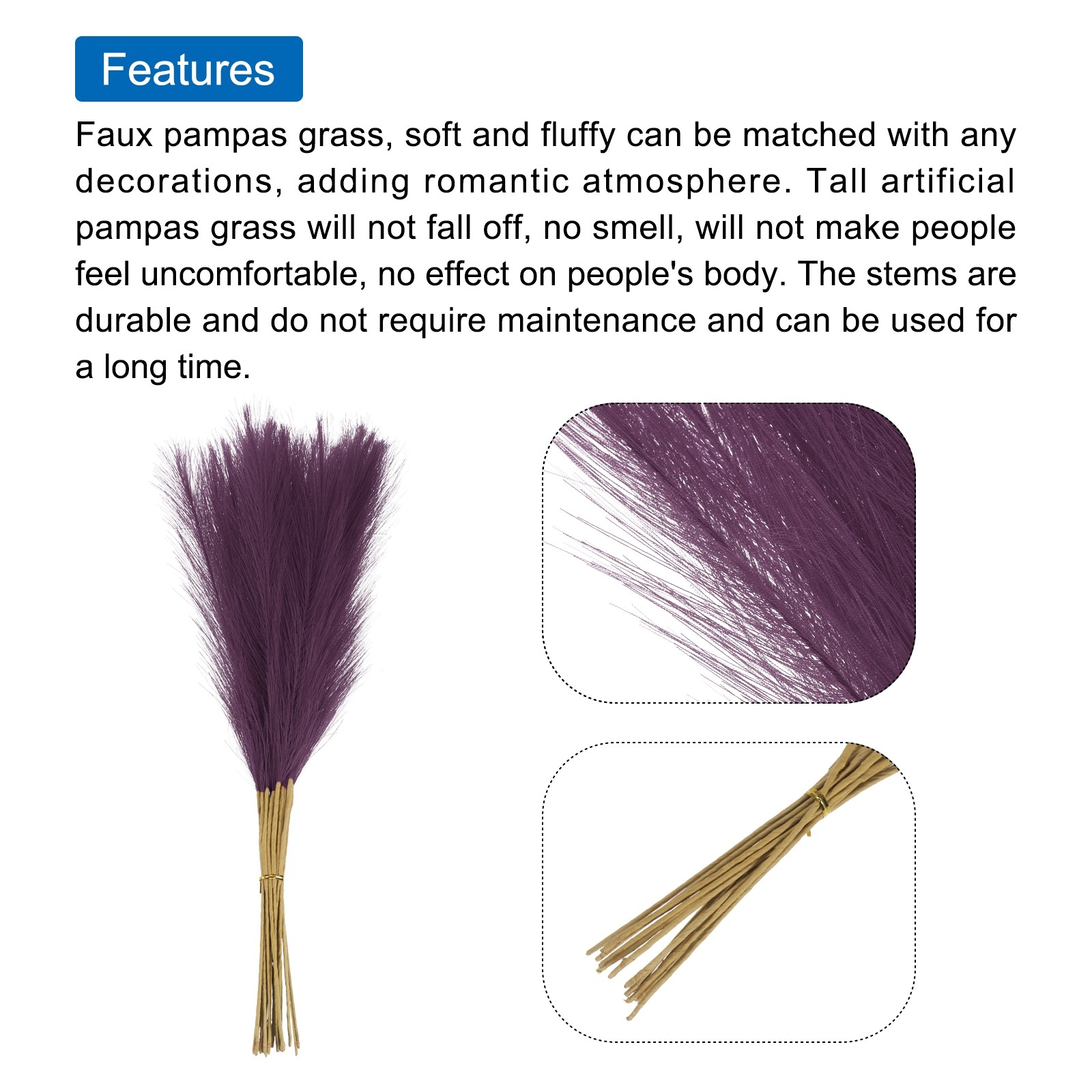 15Pcs Pampas Artificial Grass 21″ Fake Pampas for Wedding Decoration Dark Purple