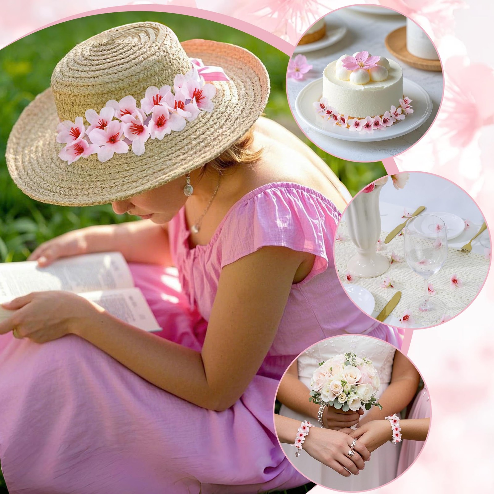 100 PCS Pink Cherry Blossom Heads Artificial Silk Mini Flowers 1.6 Inch Decor