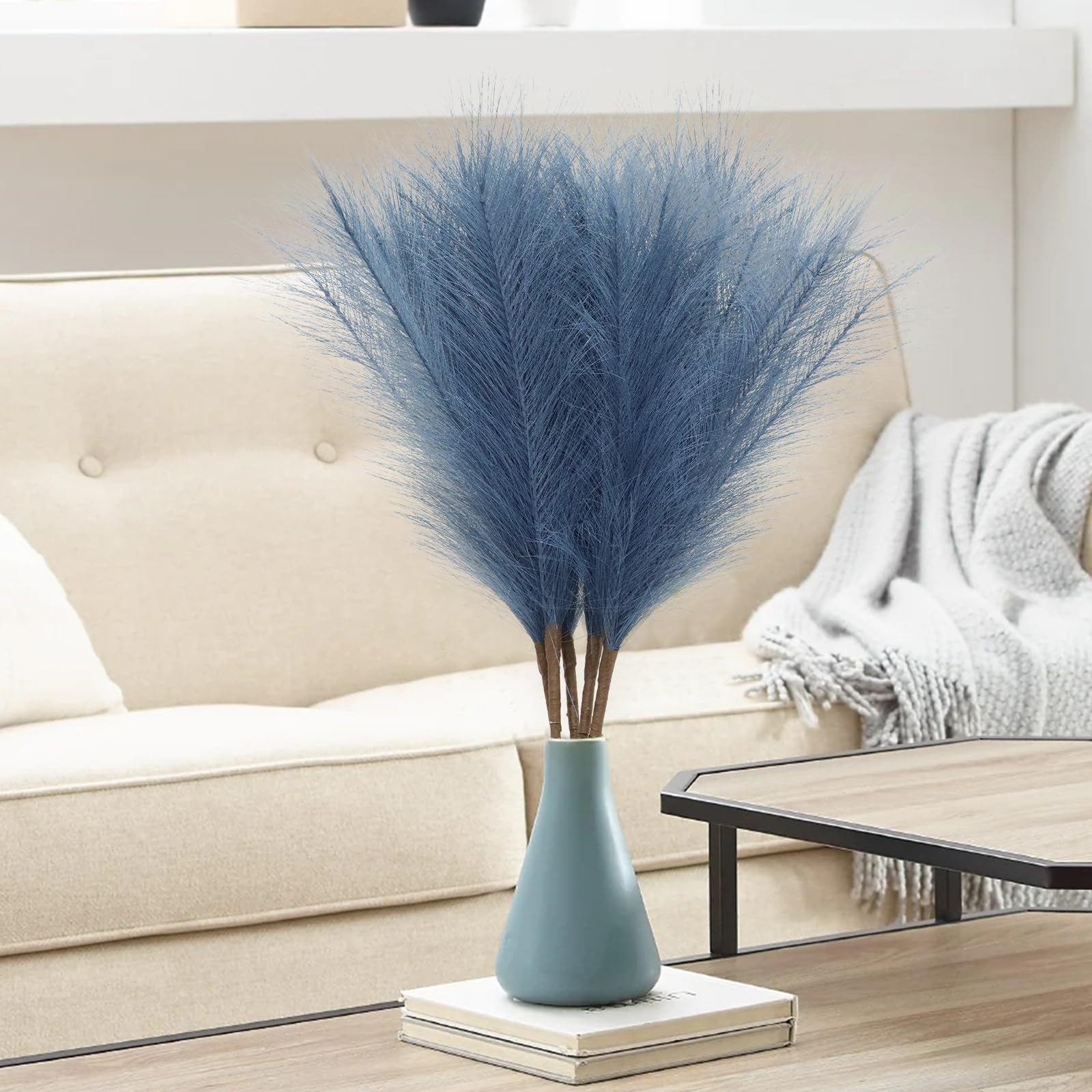 5 PCS 30″ Faux Dark Blue Pampas Grass Decor Tall Fluffy Floral Vase Filler