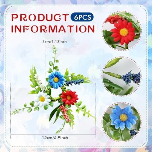 6 PCS Patriotic American Taper Candle Rings Wreaths 1.38″ Mini 4th of July Flora