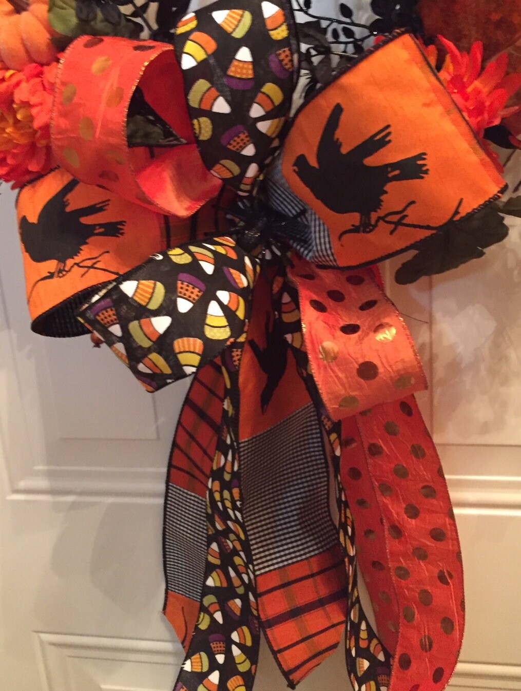 Halloween Spooky Wreath With A Black Evil Crow And Creepy Black Spiders