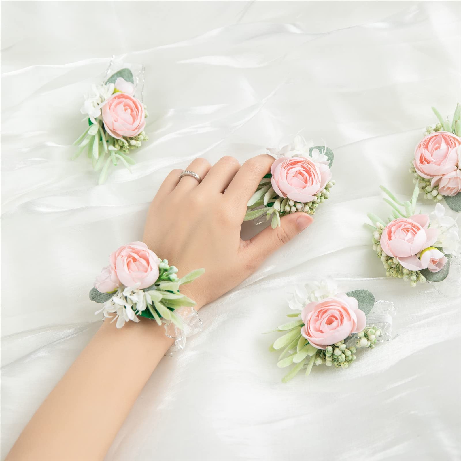 6 PCS Pink Rose Wrist Corsages Bride Bridesmaid Girls Hand Flowers Wedding